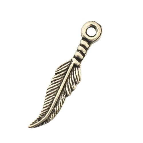 FEATHER CHARM 28 X 6 MM SILVER - 12 PCS