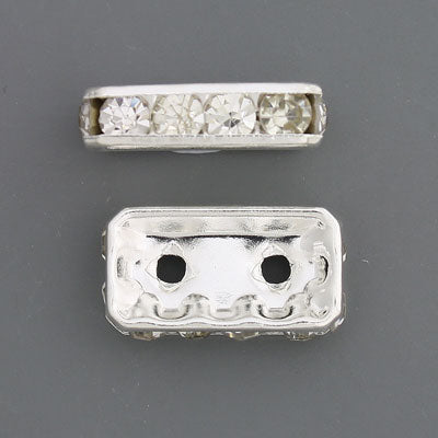 15 x 8 mm Silver with Clear Rhinestone 2 hole spacer - 10 pcs