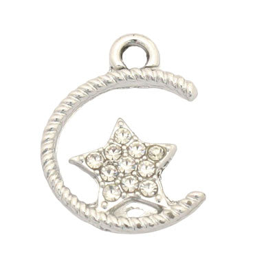 MOON STAR CHARM 20 MM SILVER WITH RHINESTONES - 5 PCS