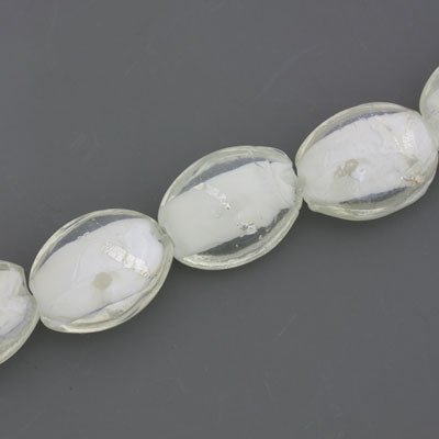 20 x 15 mm Flat Oval White Glass Beads - 15 pcs