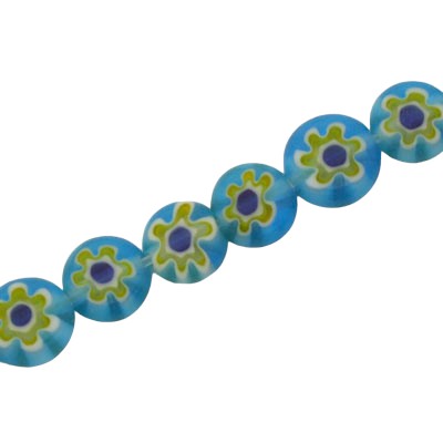 8 MM FLAT ROUND MILLEFIORI BEADS YELLOW / AQUA / WHITE - 48 PCS