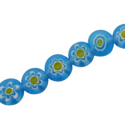 8 MM FLAT ROUND MILLEFIORI BEADS AQUE / WHITE / YELLOW - 48 PCS