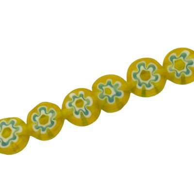 8 MM FLAT ROUND MILLEFIORI BEADS YELLOW / WHITE / AQUA - 48 PCS