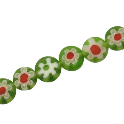 8 MM FLAT ROUND MILLEFIORI BEADS GREEN / RED / WHITE - 48 PCS