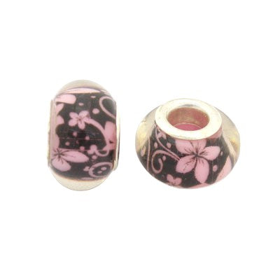 14 MM (5 MM HOLE) LARGE HOLE BEADS - BLACK WITH PINK FLOWERS - 10 PCS