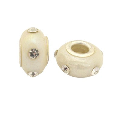 14 MM (5 MM HOLE) LARGE HOLE BEADS - PEARL WHITE WITH DIAMONTE - 5 PCS