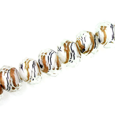 12 X 8 MM FACETED RONDELLE WHITE WITH BLACK AND COPPER SWIRL - 15 PCS