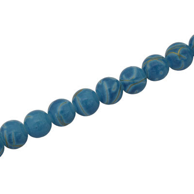 6 MM ROUND GLASS BEADS AQUA WITH GOLD SWIRL - 135 PCS