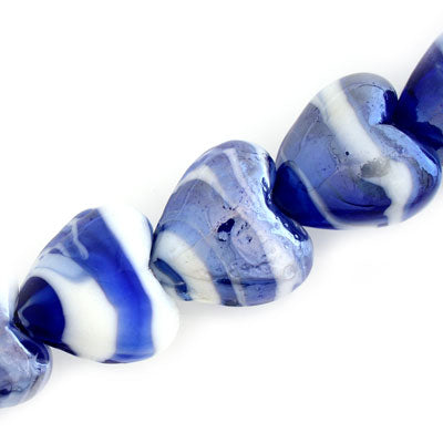 20 MM GLASS HEART BEADS - BLUE / WHITE SWIRL - 15 PCS