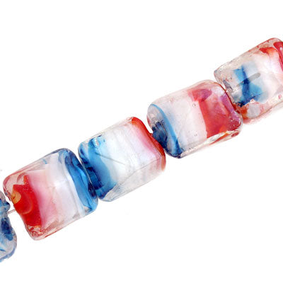 15 MM PUFFY SQUARE GLASS BEADS - WHITE / RED & AQUA SWIRL - 16 PCS
