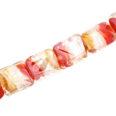 15 MM PUFFY SQUARE GLASS BEADS - WHITE / HONEY & RED SWIRL - 16 PCS