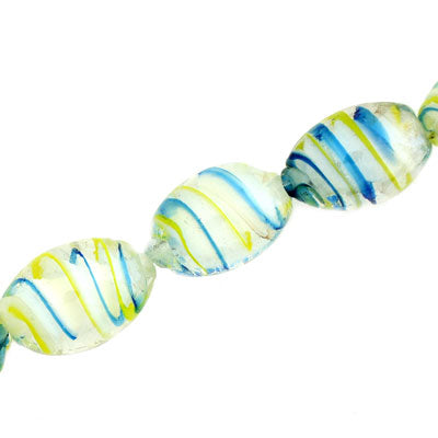 18 X 12 MM OVAL GLASS BEADS - WHITE / YELLOW & AQUA SWIRL - 17 PCS