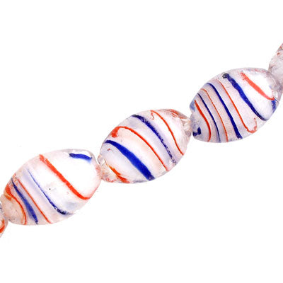 18 X 12 MM OVAL GLASS BEADS - WHITE / BLUE & RED SWIRL - 17 PCS