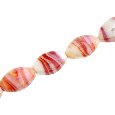 18 X 12 MM OVAL GLASS BEADS - RED / WHITE SWIRL - 17 PCS