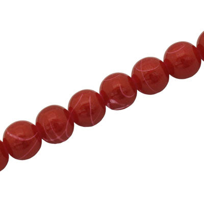 8 MM ROUND GLASS BEADS RED / WHITE SWIGGLE - 105 PCS
