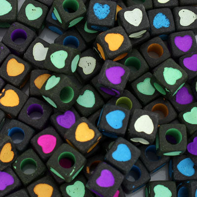 7 MM CUBE BEADS BLACK WITH MIX COLOUR HEARTS - 50 PCS