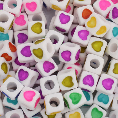 7 MM CUBE BEADS WHITE WITH MIX COLOUR HEARTS - 100 PCS