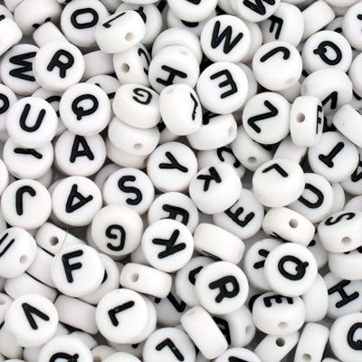 7 X 4 MM ALPHABET BEADS WHITE WITH BLACK LETTERS - 110 PCS