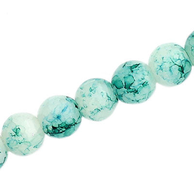 10 MM ROUND GLASS BEADS WHITE WITH TEAL CRACKLE FINISH - 74 PCS