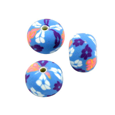 9 X 7 MM POLYMER CLAY BEADS AQUA /FLOWERS - APPROX 30 PCS