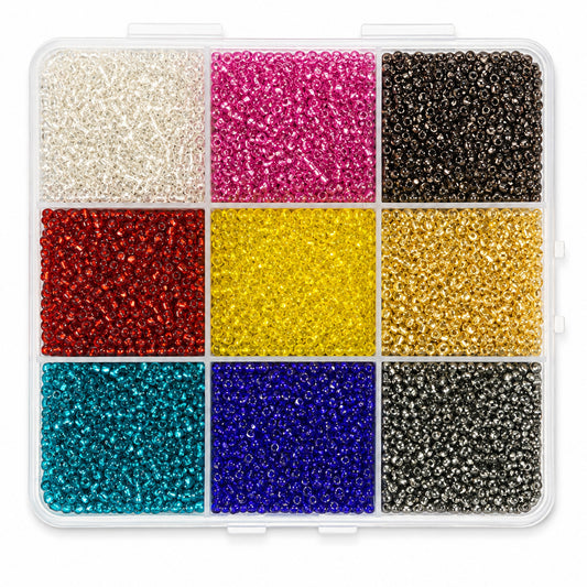 #11/0 Silver Lined Seed Bead Assortment – 9 Colours – 170g Storage Box