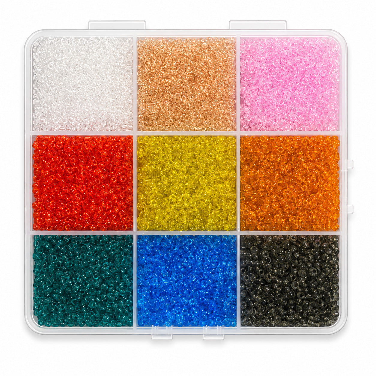 #11/0 Transparent Seed Bead Assortment – 9 Colours – 170g Storage Box