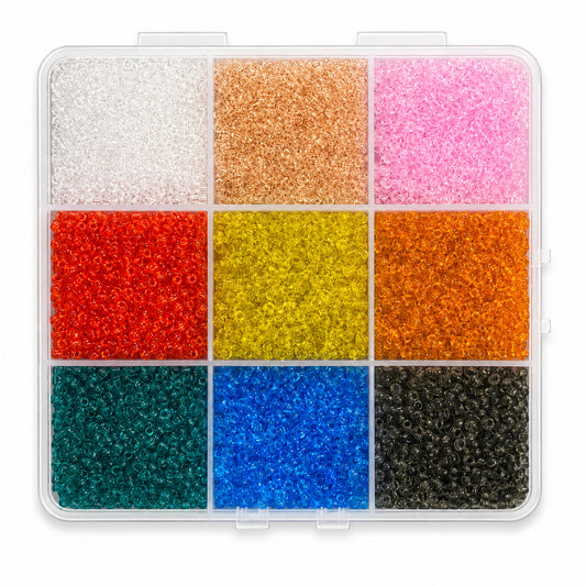 #11/0 Transparent Seed Bead Assortment – 9 Colours – 170g Storage Box