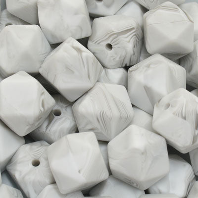 14 MM HEXAGON SILICONE BEADS WHITE GREY SWIRL - 4 PCS