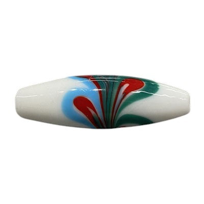 40 X 12 MM OVAL LAMPWORK BEAD WHITE WITH BL RED GRN SWIRL- 1 PC