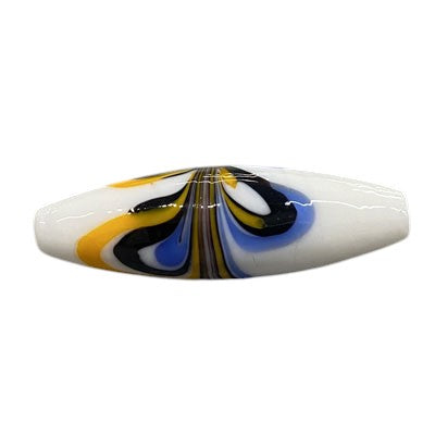 40 X 12 MM OVAL LAMPWORK BEAD WHITE WITH ORG BLK BL SWIRL- 1 PC
