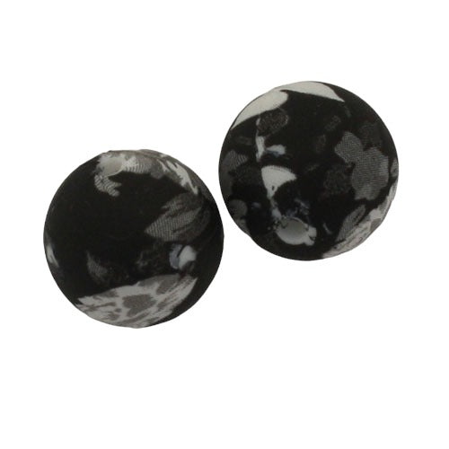 15 MM ROUND SILICONE BEADS BLACK WHITE FLOWERS - 2 PCS
