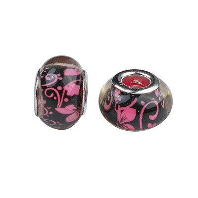 14 MM (5 MM HOLE) LARGE HOLE BEADS - PINK & BLACK - 10 PCS