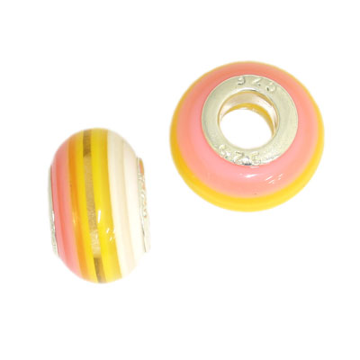 14 MM WITH (5 MM HOLE) LARGE HOLE BEADS - PINK YELLOW AND WHITE - 6 PCS