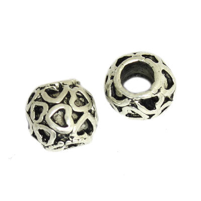 10 MM (5 MM HOLE) SILVER BEADS HEART PATTERN - 4 PCS