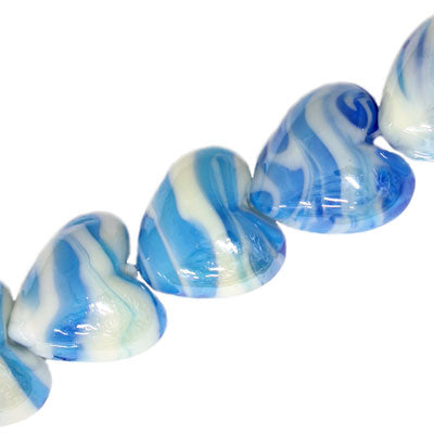 20 MM GLASS HEART BEADS - AQUA / WHITE SWIRL - 20 PCS