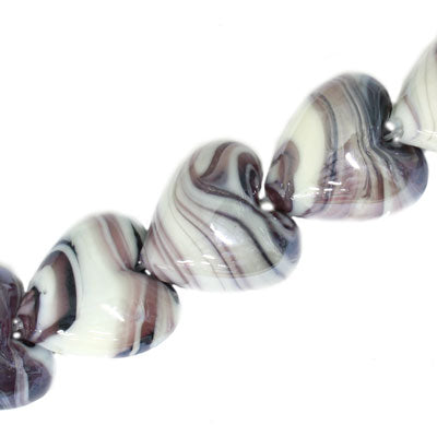 20 MM GLASS HEART BEADS - PLUM / WHITE SWIRL - 20 PCS