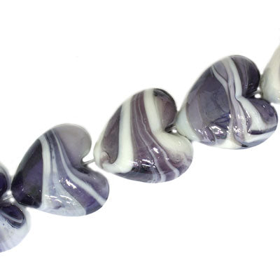 20 MM GLASS HEART BEADS - PURPLE / WHITE SWIRL - 20 PCS