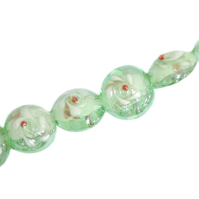 15 MM FLAT ROUND GLASS BEADS FLOWER DESIGN LIGHT GREEN - 25 PCS