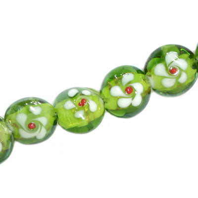 15 MM FLAT ROUND GLASS BEADS FLOWER DESIGN GREEN - 25 PCS