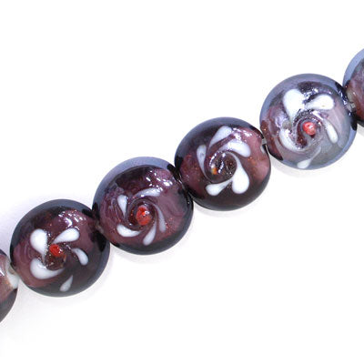 15 MM FLAT ROUND GLASS BEADS FLOWER DESIGN PLUM - 25 PCS