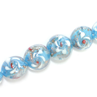 15 MM FLAT ROUND GLASS BEADS FLOWER DESIGN LIGHT BLUE - 25 PCS