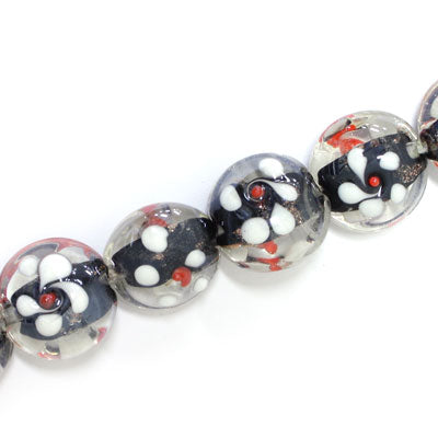 15 MM FLAT ROUND GLASS BEADS FLOWER DESIGN BLACK - 25 PCS