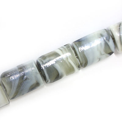 20 X 15 MM RECTANGLE GLASS BEADS GREY / WHITE SWIRL - 15 PCS