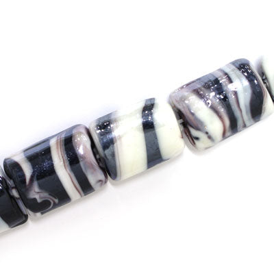 20 X 15 MM RECTANGLE GLASS BEADS BLACK / WHITE SWIRL - 15 PCS