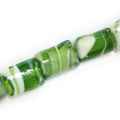 20 X 15 MM RECTANGLE GLASS BEADS GREEN  / WHITE SWIRL - 15 PCS