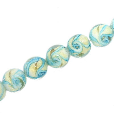 12 MM ROUND GLASS BEADS AQUA / WHITE - 15 PCS