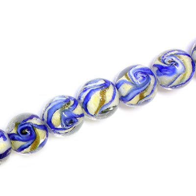 12 MM ROUND GLASS BEADS BLUE / WHITE - 15 PCS