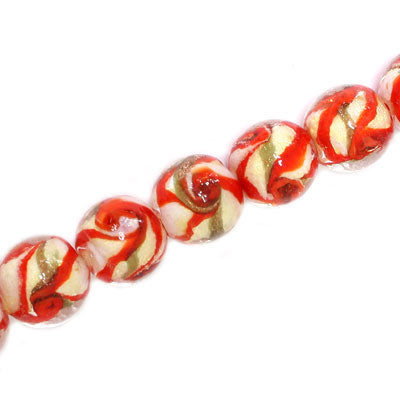 12 MM ROUND GLASS BEADS RED / WHITE - 15 PCS