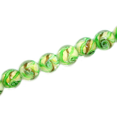 10 MM ROUND GLASS BEADS GREEN / WHITE - 20 PCS