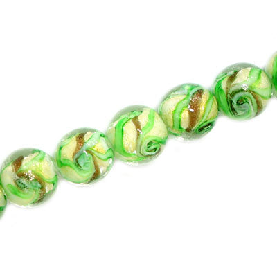 12 MM ROUND GLASS BEADS GREEN / WHITE - 15 PCS